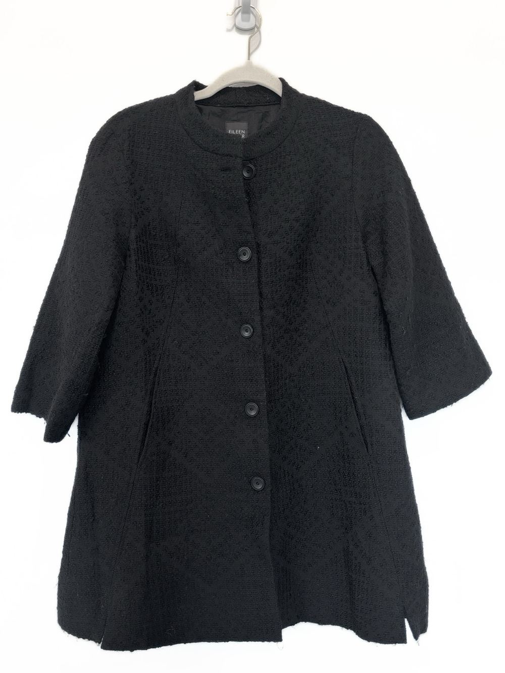 Eileen Fisher Black Textured Collarless Pea Coat